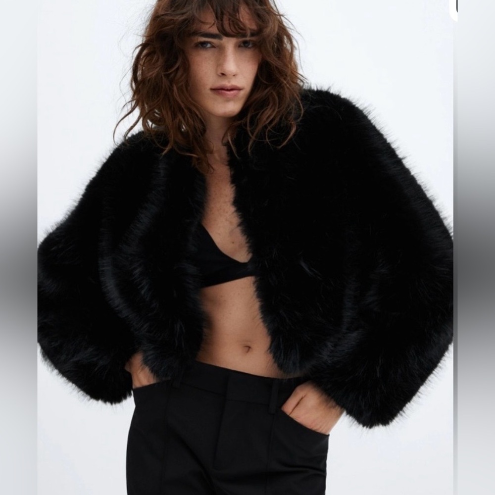 Mango Black Faux Fur Coat